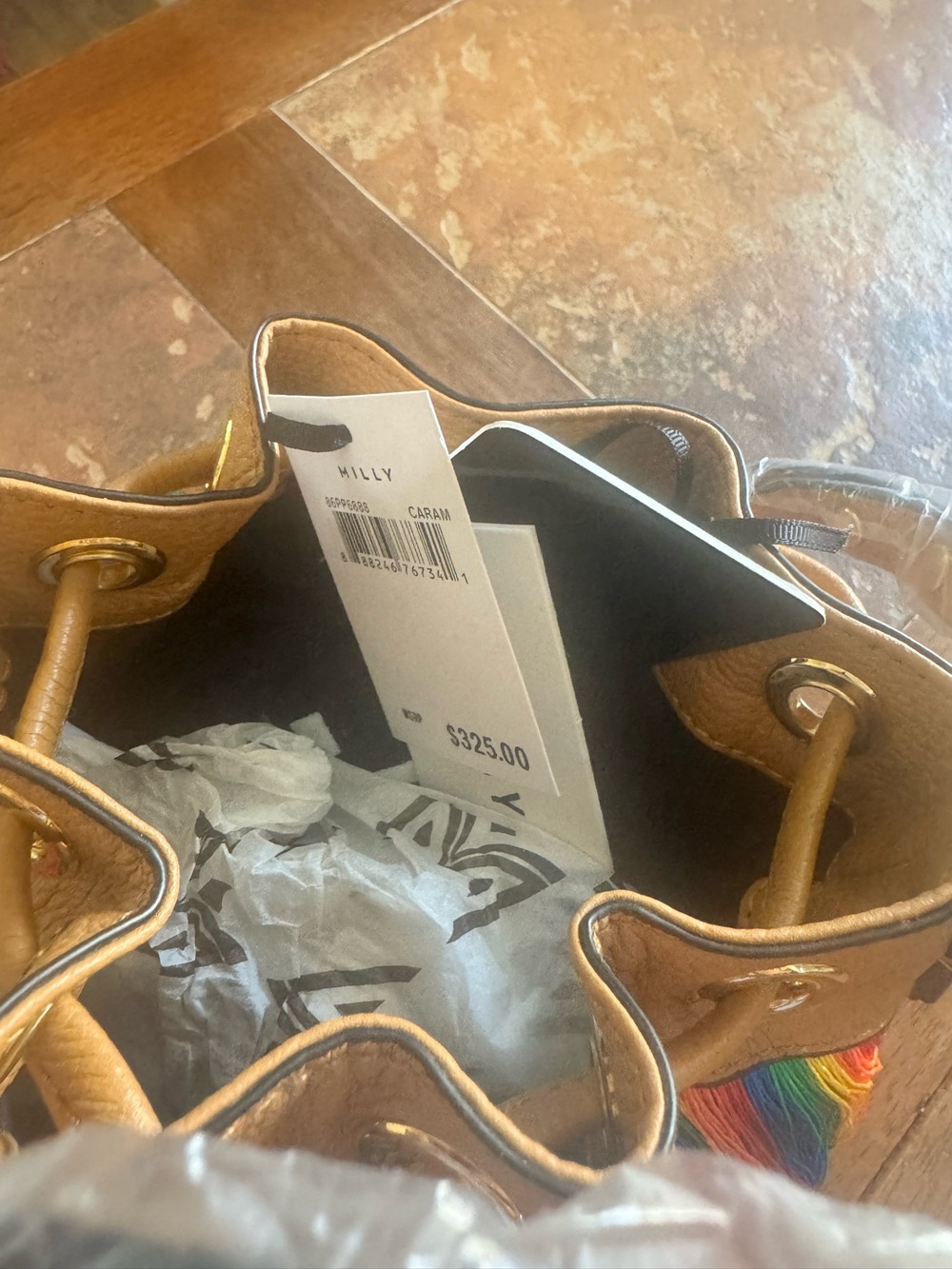 NWT Milly Tan Bucket Bag Crossbody with Rainbow Fringe and Orange Pom-Poms - Picture 4 of 6